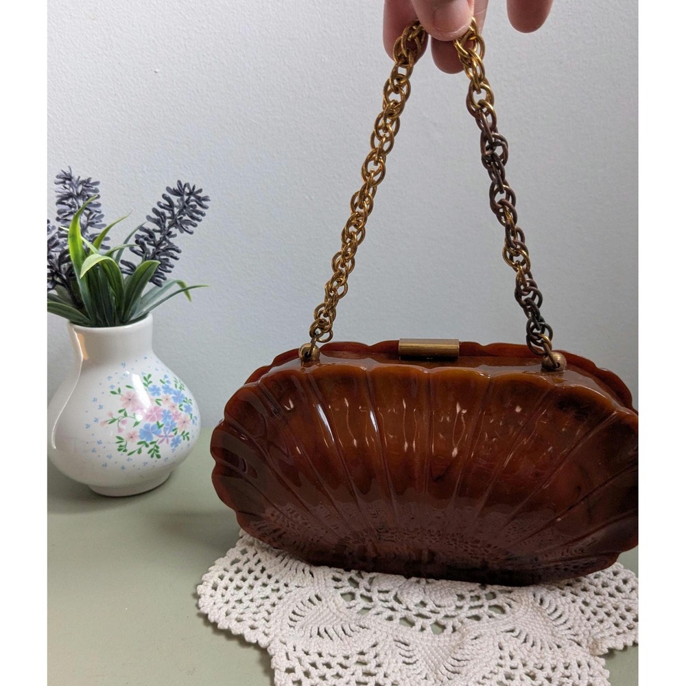 Vintage Lucite Shell Purse Brown Marbled Clamshell Handbag 1950s Evening Bag